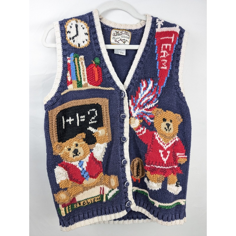 Vintage 90s School Spirit Teacher Sweater Vest M Teddy Bear Cottagecore Novelty